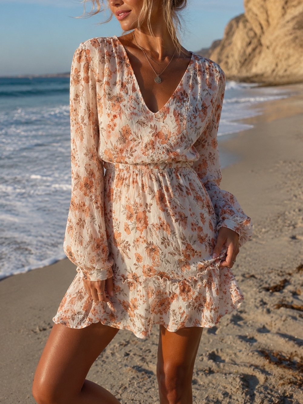Romantic Peach Floral V-Neck Long Sleeve Mini Dress